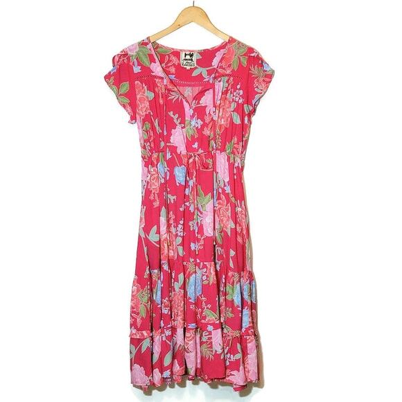 JAASE Floral Midi Dress Short Sleeve Tie Waist Flowy Red Boho Casual Summer XS - Picture 2 of 16